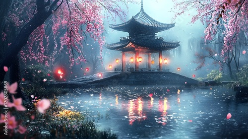 Serene Asian Pavilion Rain Cherry Blossoms and Lanterns at Night