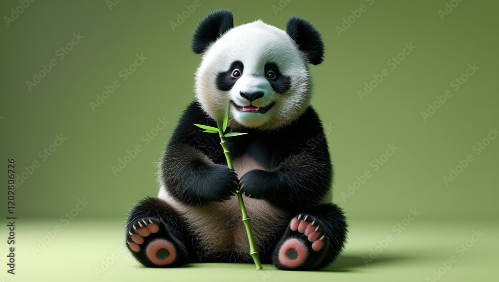 A cute, animated panda with a friendly expression holding bamboo, set against a soft green background. A cute, animated panda with a friendly expression holding bamboo, set against a soft green background.