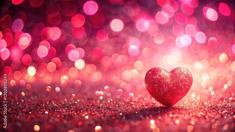 Sparkling Red Heart on Glittering Surface with Pink Bokeh Lights Sparkling Red Heart on Glittering Surface with Pink Bokeh Lights