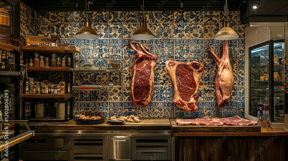 A vibrant butcher shop in Seville with two lamb carcasses and a beef rib hanging against a backdrop of decorative Spanish tiles and rustic wooden shelving. A vibrant butcher shop in Seville with two lamb carcasses and a beef rib hanging against a backdrop of decorative Spanish tiles and rustic wooden shelving.