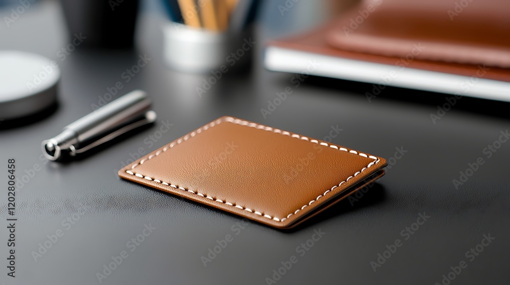 Brown Leather Card Holder on a Dark Desk Brown Leather Card Holder on a Dark Desk
