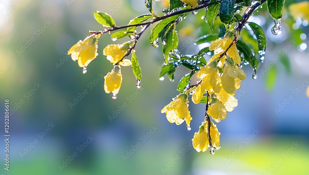 Rain-soaked yellow flowers, garden, bokeh background, spring Rain-soaked yellow flowers, garden, bokeh background, spring