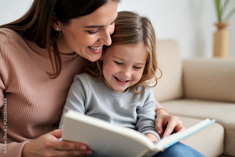Heartwarming Moment Between Mother and Daughter as They Enjoy Reading Together on a Cozy Couch in a Bright Living Room Heartwarming Moment Between Mother and Daughter as They Enjoy Reading Together on a Cozy Couch in a Bright Living Room
