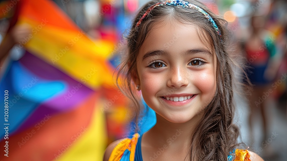 A joyful girl smiles brightly at a colorful celebration, surrounded by vibrant flags. A joyful girl smiles brightly at a colorful celebration, surrounded by vibrant flags.
