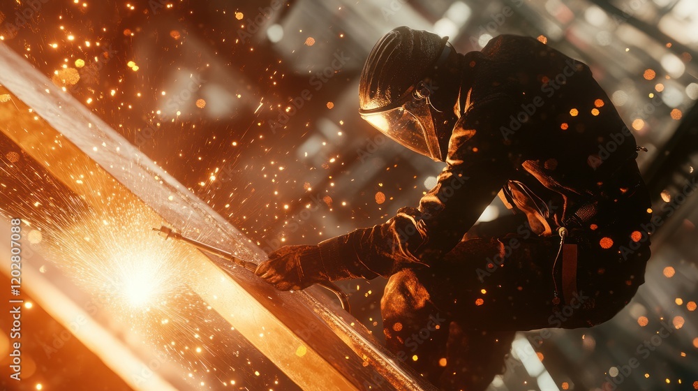 A welder in protective gear working on a steel beam connection, glowing sparks and a blurred industrial background, photorealistic 4K detail A welder in protective gear working on a steel beam connection, glowing sparks and a blurred industrial background, photorealistic 4K detail