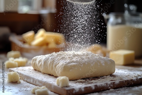 Flour sifting onto dough, baking preparation. photo