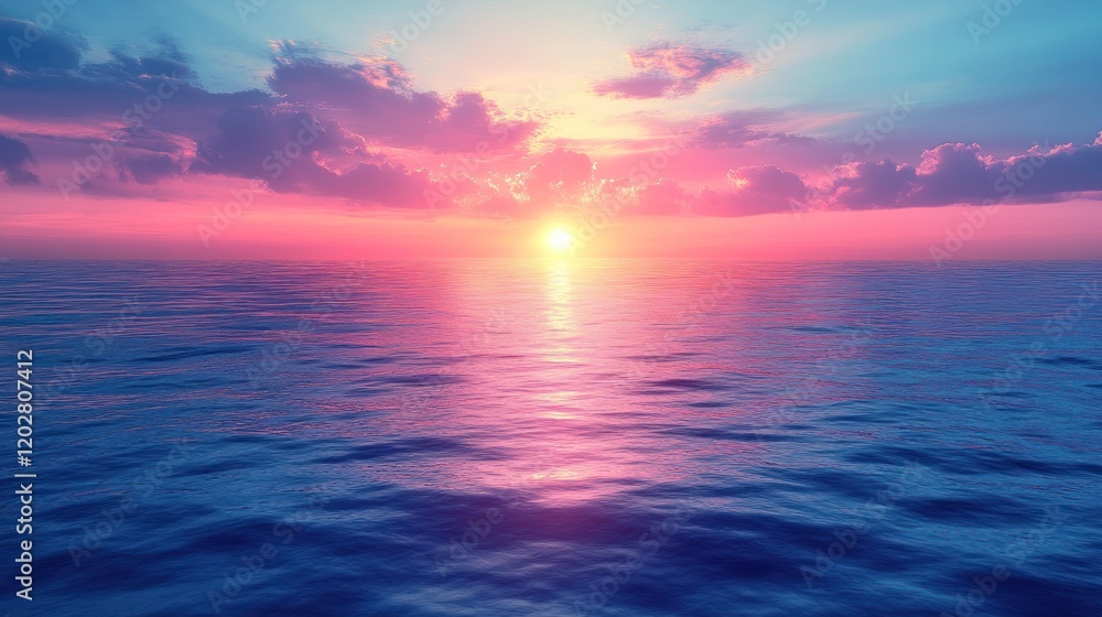 Fototapeta premium Vibrant pink and blue sunset over calm ocean.