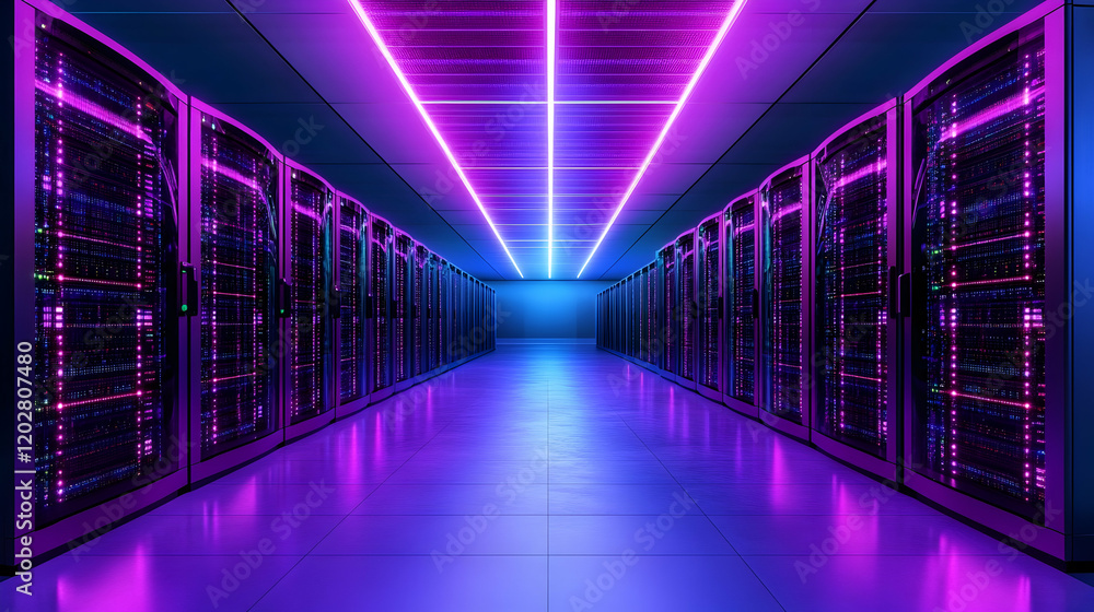 Neon-lit server room, data center corridor, technology infrastructure, digital future Neon-lit server room, data center corridor, technology infrastructure, digital future