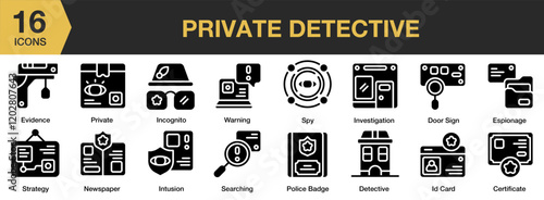 Private Detective solid icon set. Includes police, investigator, office, criminal, case, inspector, and More. Solid icons vector collection.