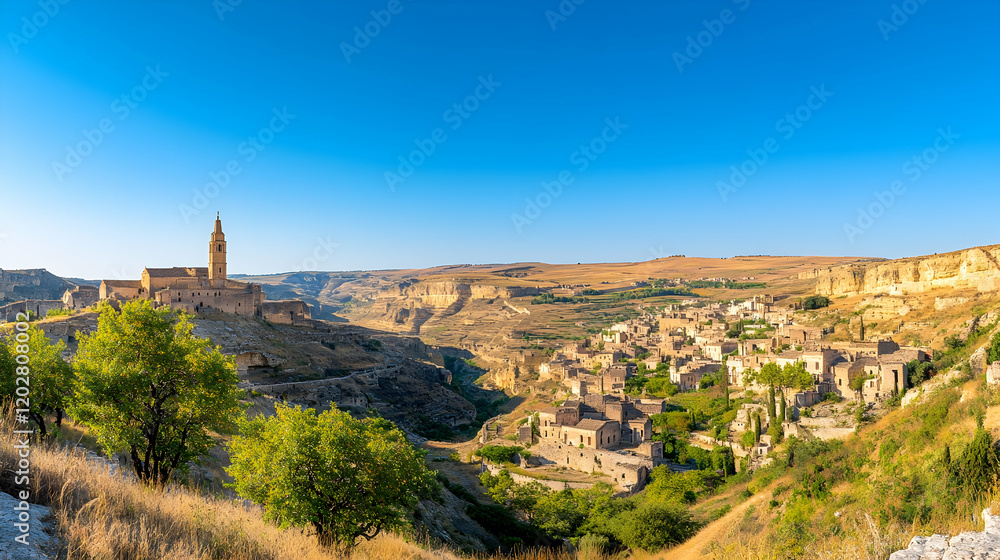 Panoramic view of a historic town nestled in a valley under a clear blue sky. Ideal for travel brochures Panoramic view of a historic town nestled in a valley under a clear blue sky. Ideal for travel brochures