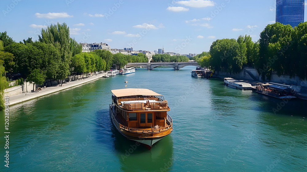 Parisian River Cruise, Seine River Boat Tour, Sunny Day, City Background, Travel Parisian River Cruise, Seine River Boat Tour, Sunny Day, City Background, Travel