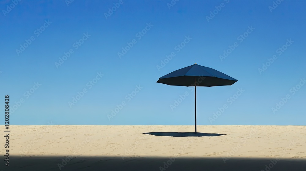 A solitary beach umbrella casting a shadow on the sand under the clear blue sky, evoking a peaceful vibe. A solitary beach umbrella casting a shadow on the sand under the clear blue sky, evoking a peaceful vibe.
