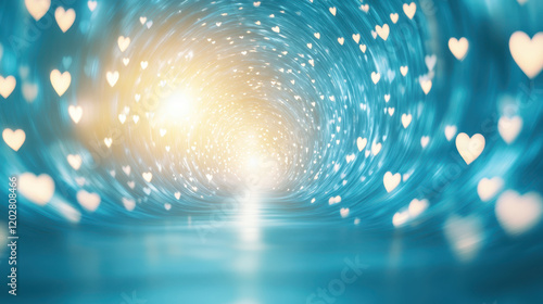 glowing spiral of hearts in vibrant blue tunnel with sparkling light effects