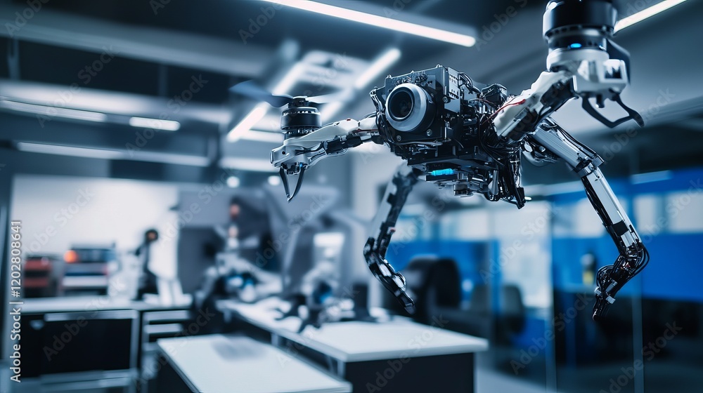 A robot performing advanced drone maintenance in a high-tech aerial operations center with clean, organized workspaces and advanced equipment, Drone tech style A robot performing advanced drone maintenance in a high-tech aerial operations center with clean, organized workspaces and advanced equipment, Drone tech style