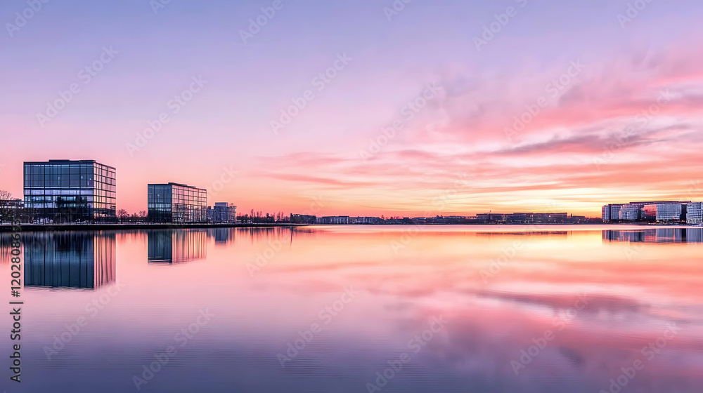 Fototapeta premium Pink sunrise over calm lake reflecting modern buildings, cityscape backdrop, ideal for travel or real estate brochures
