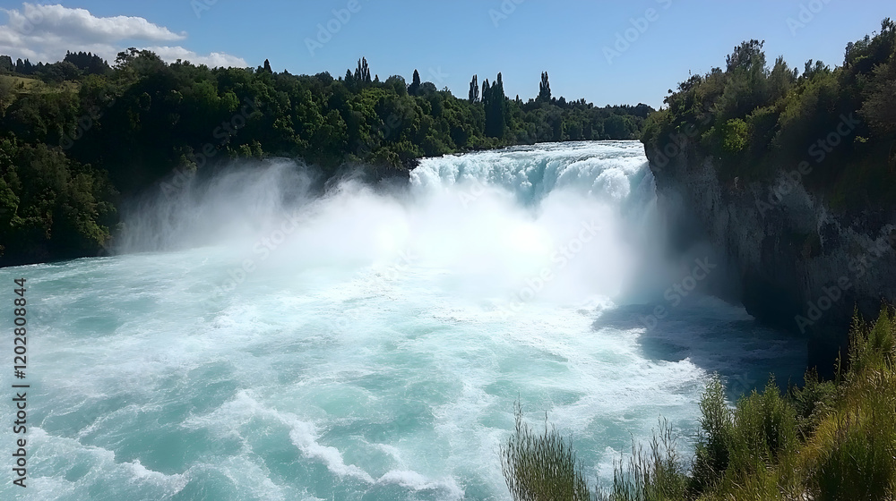 Powerful Huka Falls waterfall in New Zealand, lush greenery background, nature travel destination Powerful Huka Falls waterfall in New Zealand, lush greenery background, nature travel destination