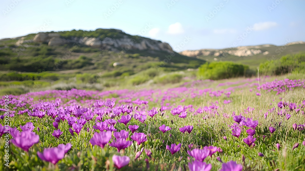 Purple wildflowers bloom in a scenic field, hills in the background, perfect for nature or travel websites Purple wildflowers bloom in a scenic field, hills in the background, perfect for nature or travel websites