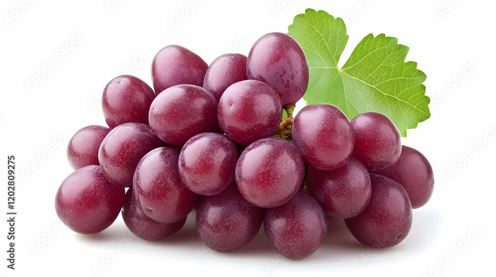 Red grapes cluster with leaf, isolated on white background, perfect for food packaging or website design Red grapes cluster with leaf, isolated on white background, perfect for food packaging or website design
