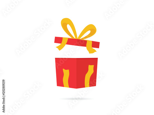 Opened red mystery gift box with a yellow ribbon, birthday celebration