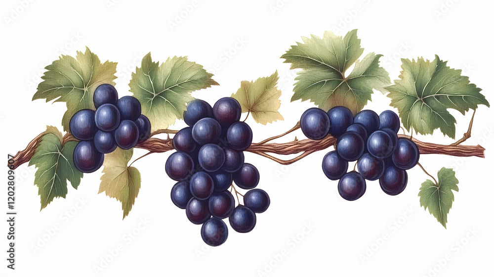 Fototapeta premium Ripe dark grapes on vine with leaves, isolated on white background; ideal for wine labels or food packaging