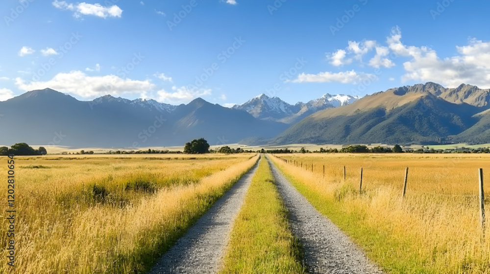 Fototapeta premium Scenic gravel road through golden field towards majestic snow-capped mountains; idyllic rural landscape; travel, nature, serenity