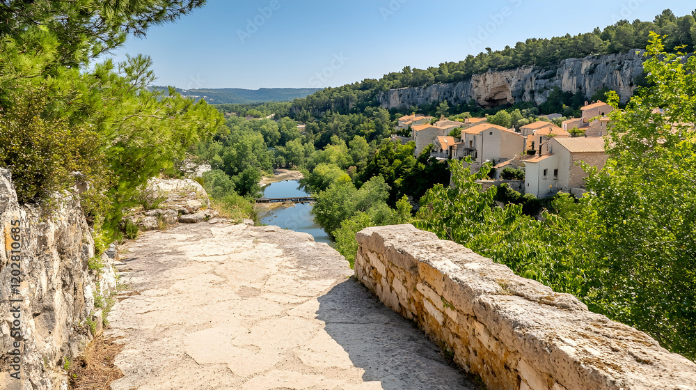Scenic village overlooking river valley, sunny day, travel destination Scenic village overlooking river valley, sunny day, travel destination