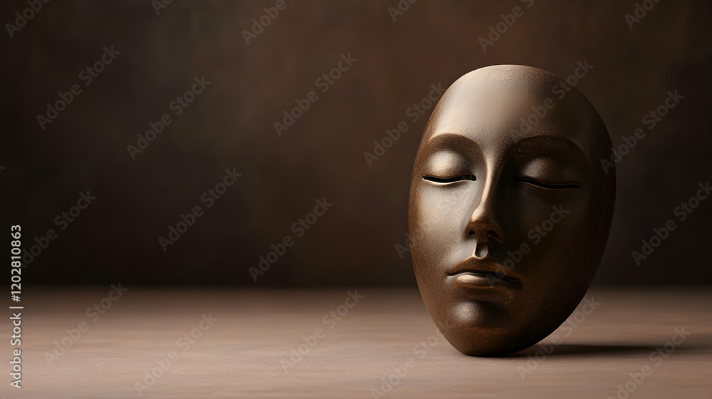 Serene bronze mask rests on a table against a dark background; perfect for theatrical, spiritual, or contemplative concepts Serene bronze mask rests on a table against a dark background; perfect for theatrical, spiritual, or contemplative concepts
