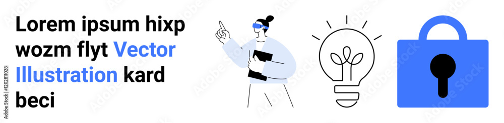Professional woman pointing while holding a folder, lightbulb icon, and a locked padlock icon. Ideal for presentations, business reports, educational materials, technology discussions, security Professional woman pointing while holding a folder, lightbulb icon, and a locked padlock icon. Ideal for presentations, business reports, educational materials, technology discussions, security