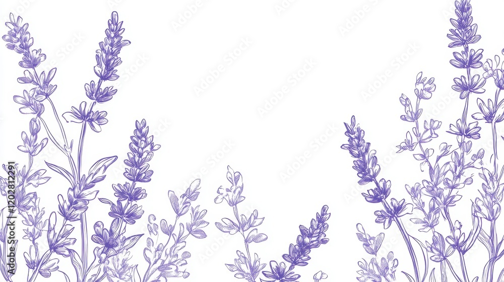 Fototapeta premium 55.Lavender Line Art. Botanical Background trendy minimalist lavender. Hand drawn floral border background template. Floral Line Art Illustration. Lavender Border Outline. Luxury Line Floral Art