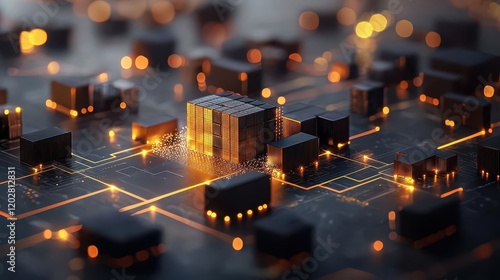 Cargo terminal with glowing connections to regional hubs, efficient logistics network, 3D illustration