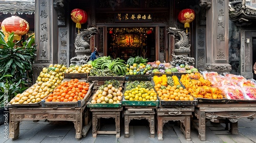 Wallpaper Mural Vibrant Asian Fruit Market Stall Displaying Exotic Produce and Traditional Architecture Torontodigital.ca