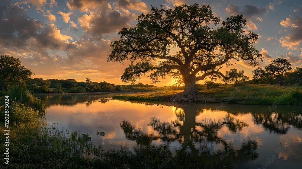Fototapeta premium Majestic Oak Tree Sunset Lakeside Reflection