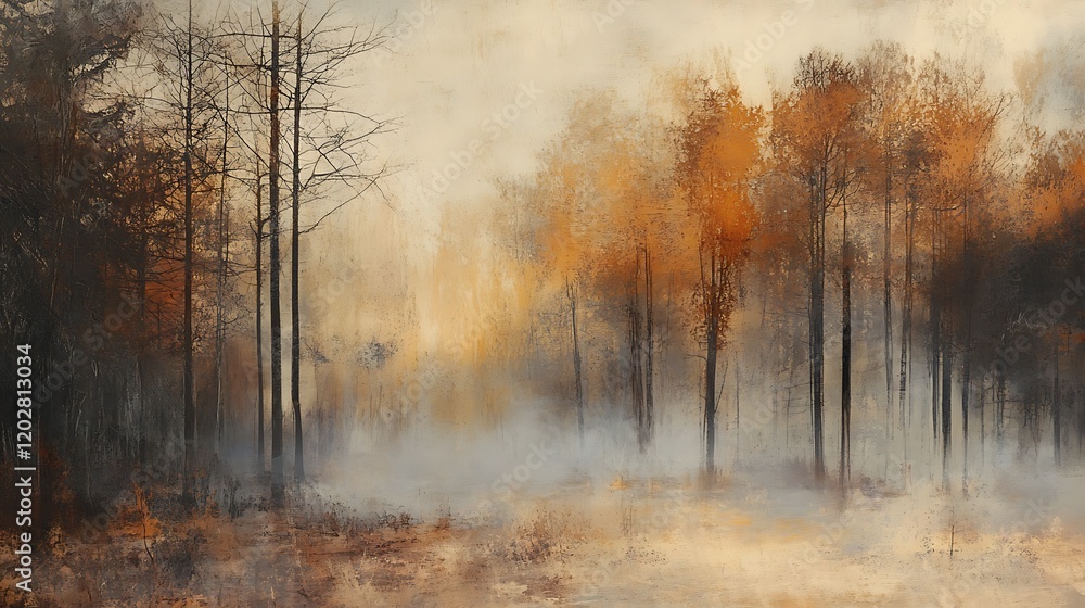 Fototapeta premium Misty autumn forest scene with golden and brown foliage, tall trees, and a hazy atmosphere.