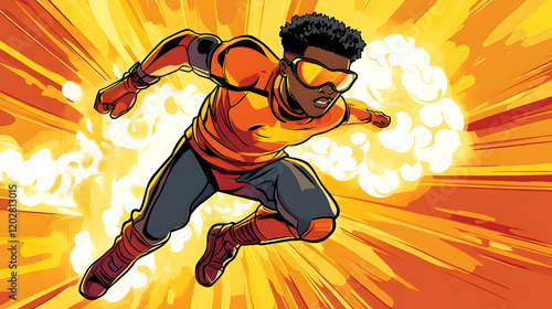 Superhero in flight, orange suit, energy burst background, comic book style, ideal for graphic novels photo