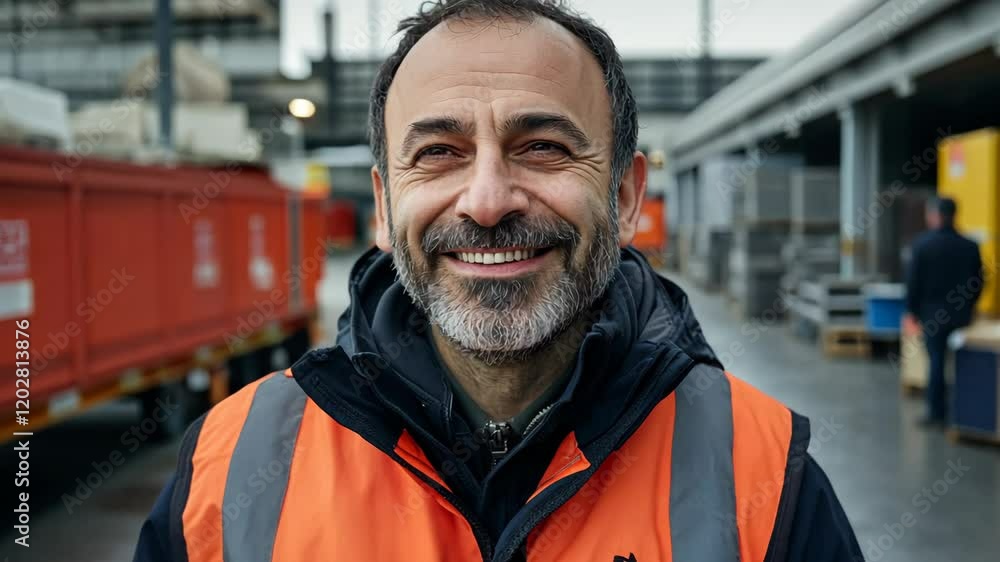 Smiling worker in orange vest at a busy shipping dock during a cloudy day in the afternoon Smiling worker in orange vest at a busy shipping dock during a cloudy day in the afternoon