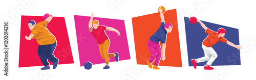 Set of male bowling player character. Flat vector illustration