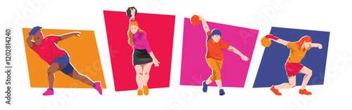 Set of female playing bowling with different poses. Isolated on white background. Flat character vector illustration