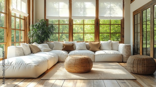 A cozy living room with large windows, a sectional sofa, and natural light, creating a serene atmosphere.