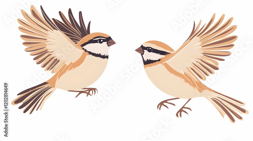 Two sparrows in flight, facing each other, against a white background; illustration for nature or bird-themed designs photo