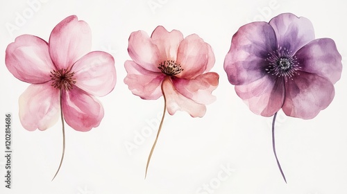 63.Three hand-painted watercolor flowers in shades of pink and lavender, with subtle petal details and light gradients, elegantly spaced on a blank canvas.