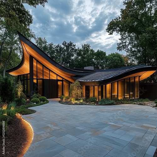 Modern Architectural Marvel:  A stunning contemporary home with a distinctive curved roof design and large windows, set against a backdrop of lush greenery and a dramatic evening sky.