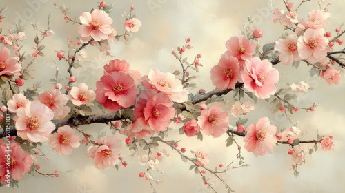 A delicate arrangement of pink flowers on a branch against a soft background.