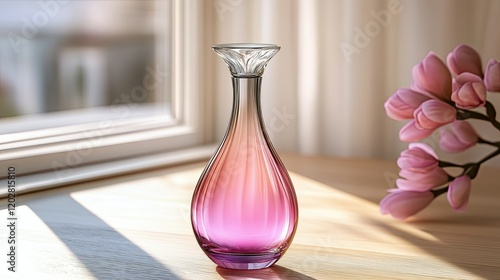 A delicate glass vase with a gradient from clear to pink, placed on a wooden surface near a window.