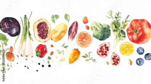 Fototapeta Naklejka Na Ścianę i Meble -  A creative display of a raw food breakfast, featuring uncooked fruits, vegetables