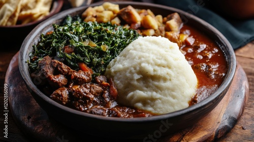 Traditional Kenyan ugali with sukuma wiki and meat stew. Featuring a hearty and flavorful dish. Highlighting the texture and flavors of the ugali. Ideal for food and cultural themes. photo