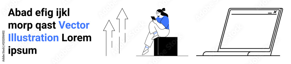 Woman reading a document while seated next to upward arrows and a laptop. Ideal for business growth, technology, career development, data analysis, online learning, productivity, and digital Woman reading a document while seated next to upward arrows and a laptop. Ideal for business growth, technology, career development, data analysis, online learning, productivity, and digital