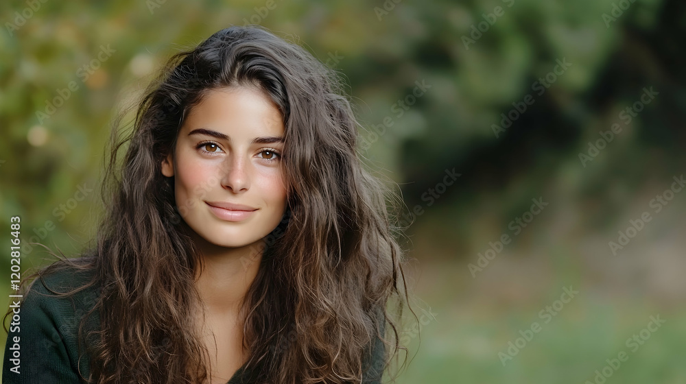 Woman smiling outdoors, green background, autumnal setting; portrait for beauty or lifestyle Woman smiling outdoors, green background, autumnal setting; portrait for beauty or lifestyle