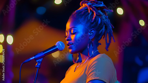 Woman singing on stage at night, colorful lights, outdoor concert photo