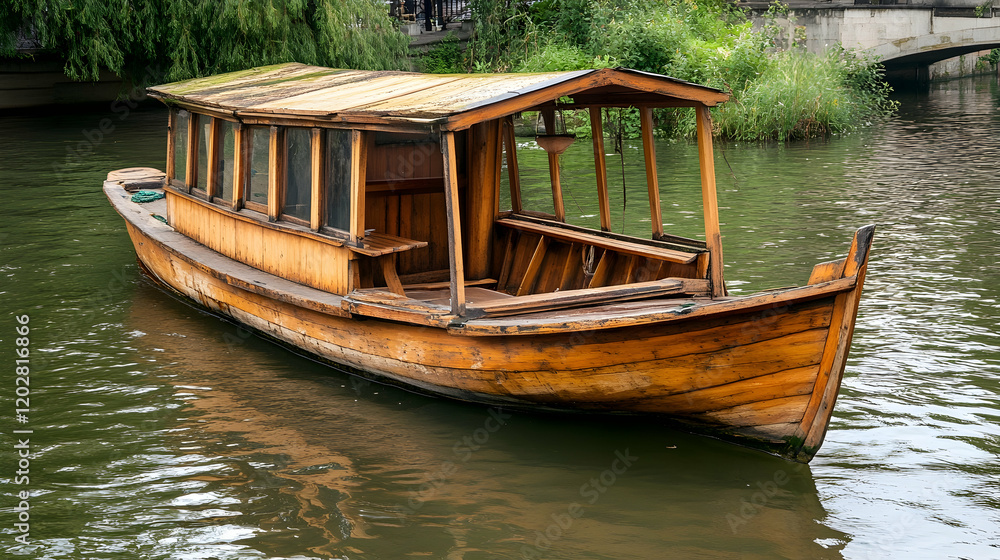 Wooden passenger boat on calm river, bridge and trees in background, tourism Wooden passenger boat on calm river, bridge and trees in background, tourism