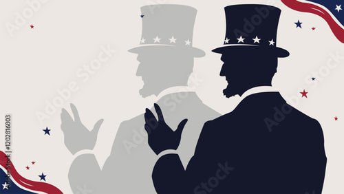 Abraham Lincoln silhouette in a formal pose for Presidents' Day lower third graphic. Patriotic stars and stripes add elegance, perfect for American history or holiday-themed projects.